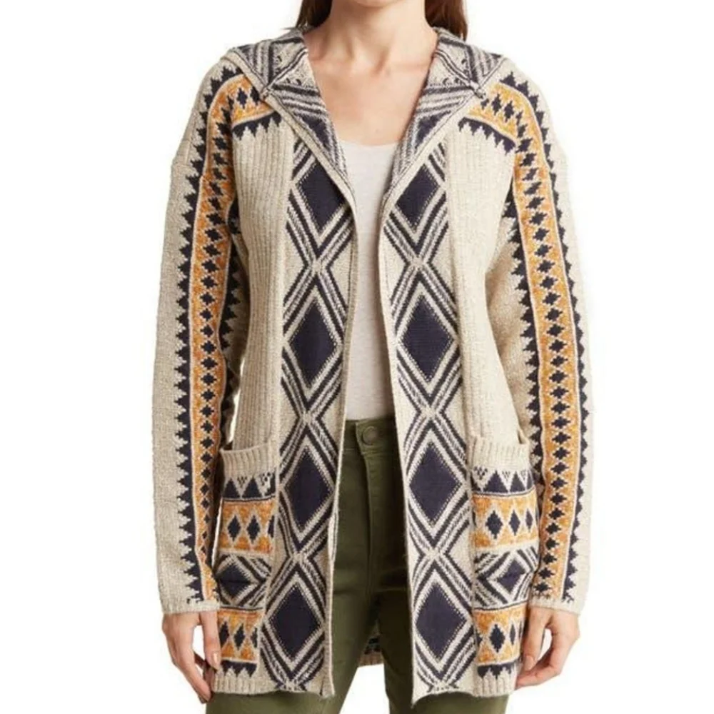 LUCKY BRAND Longline Cardigan Hoodie Open Front Aztec Southwestern Chunky Sz 3X - Picture 5 of 14
